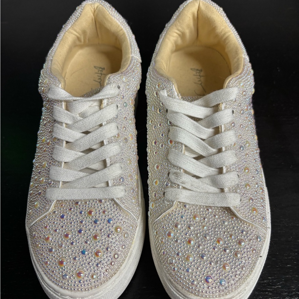 Elegant Betsey Johnsom Women's White Sneakers with Rhinestones and Pearls